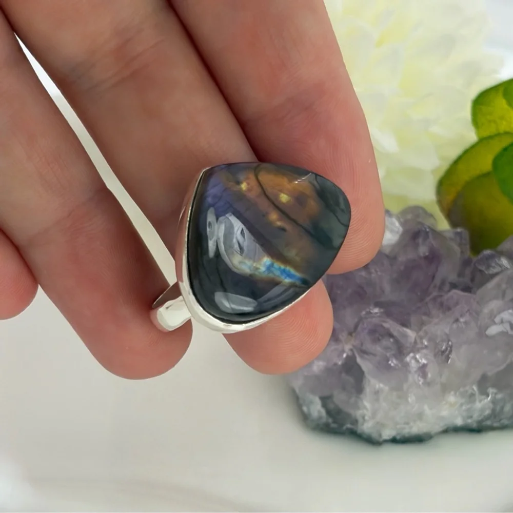 Pure Sterling Silver 925 Purple Labradorite Ring Size 8 1/2 8.5 Colorful New - Picture 6 of 12